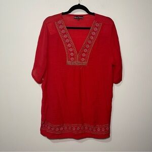 Claire France Women's Red boho peasant embroidered short sleeve gauzy top in 1X